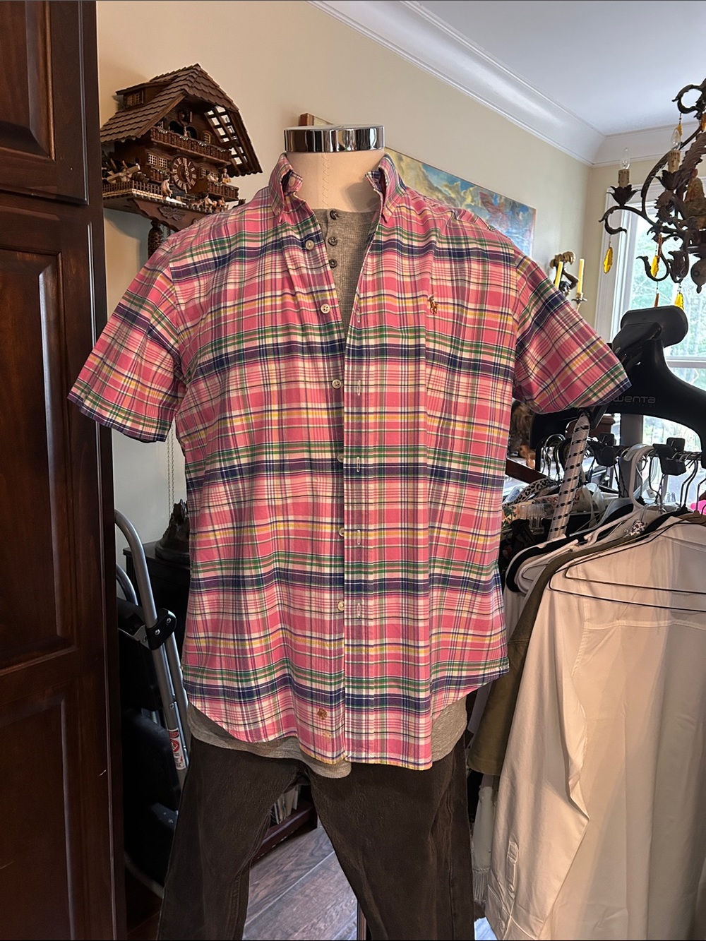 Y2K Polo Ralph Lauren Sz XL Pink Madras Plaid Short Sleeve Button Down